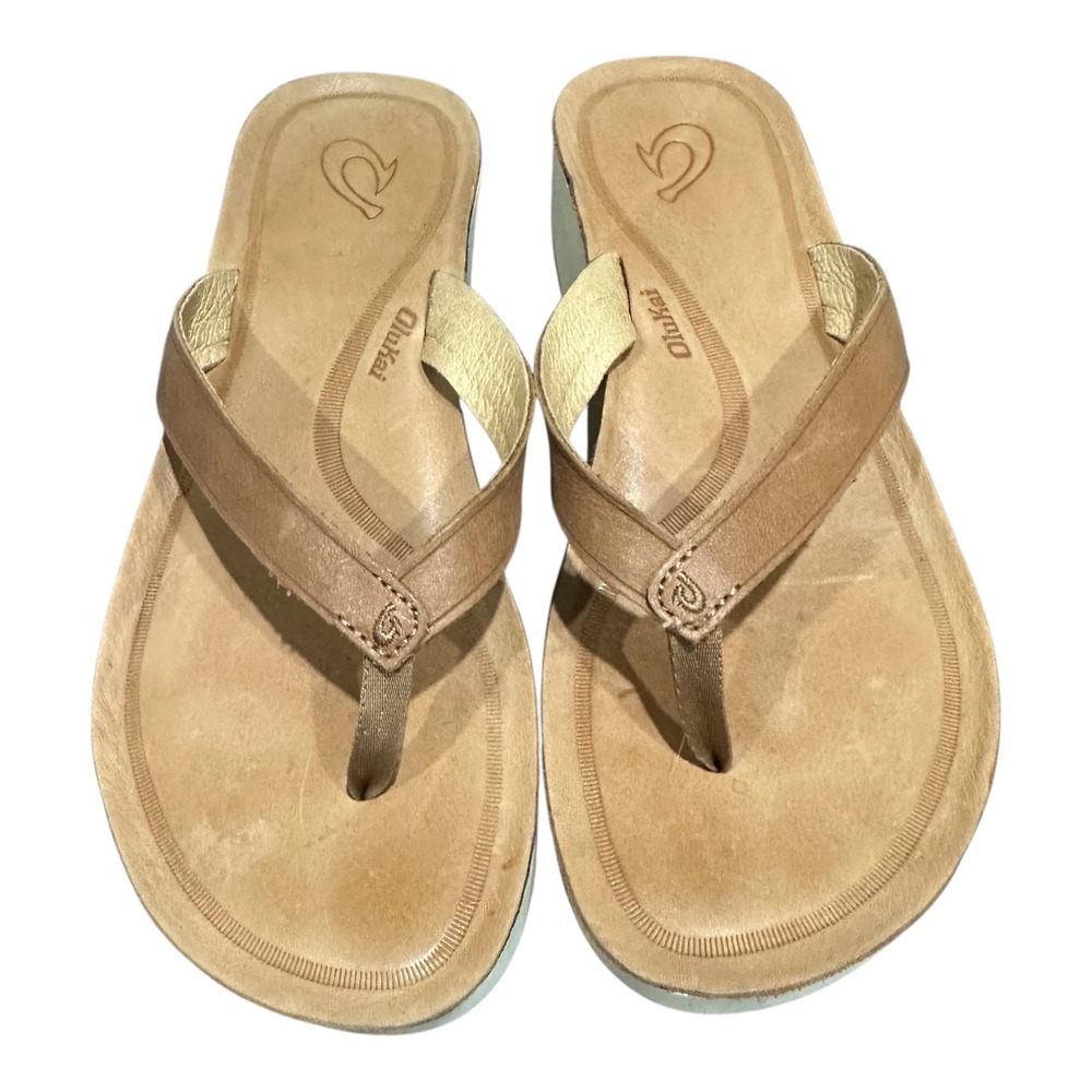 OluKai Malae Tan Leather Platform Flip Flops Sandals Womens 9 20465-34GS